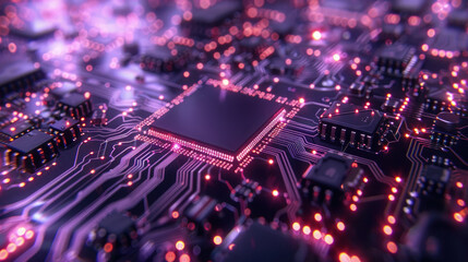 Fototapeta premium Circuit board microchips with pink and purple backlight. Nanotechnology sustainable background.
