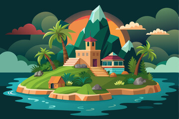 Obraz premium A Tropical Island With Two Buildings, Palm Trees, and a Mountain Peak