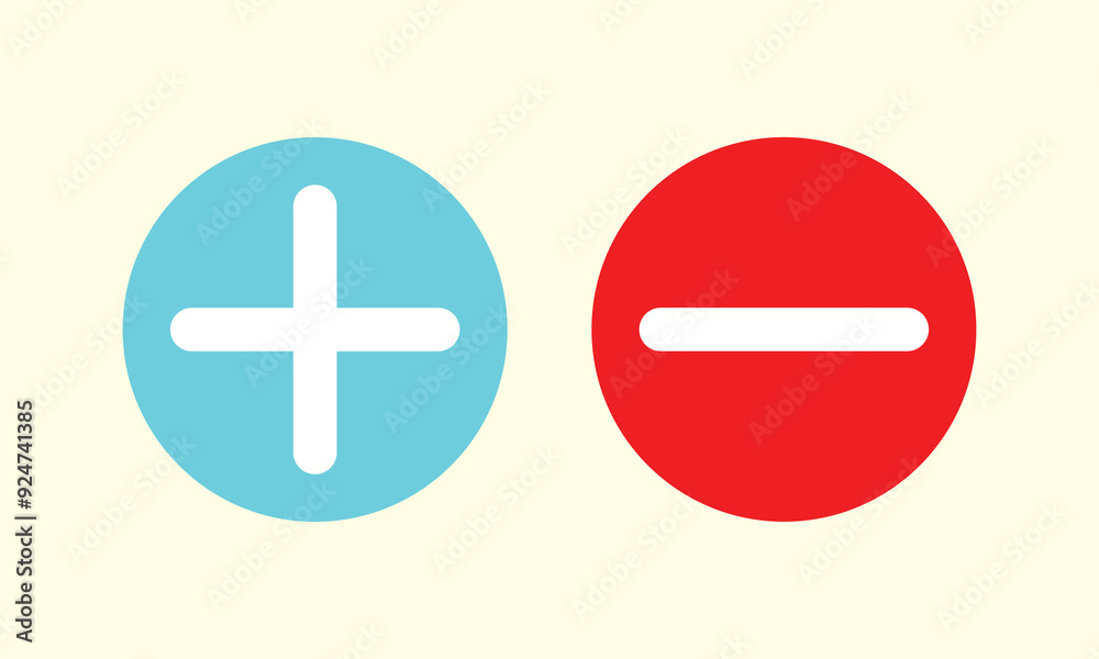 Poster red ang green round plus and minus icons set with different thicknesses. add and subtract icon set f