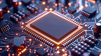 Circuit board microchips with pink and purple backlight. Nanotechnology sustainable background.