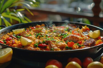 Fototapeta premium A vibrant paella dish garnished with seafood, vegetables, and lemon, steaming in a pan.