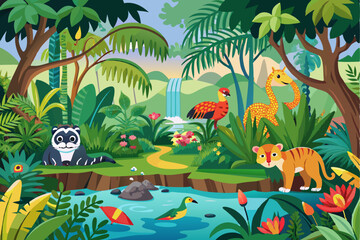 Lush Jungle Scene with Animals and a Waterfall
