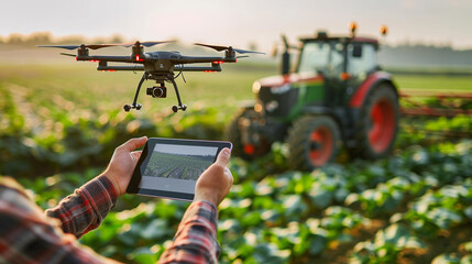 Modern agricultural technology: tractor and drone working on a lush green field.