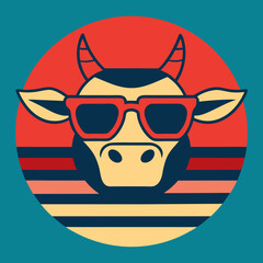 Vintage retro sunset with cattle face silhouette vector illustration, graphics elements for trendy t-shirt