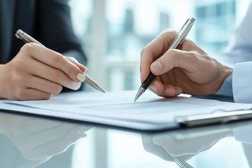 Two Businesspeople Working On Contract Paper, Generative AI