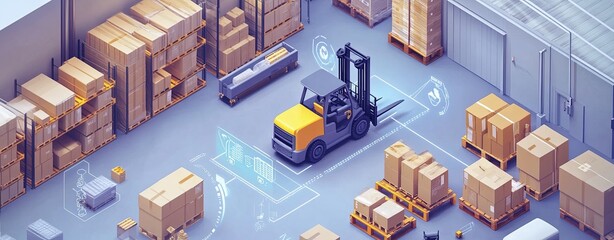 A futuristic warehouse scenario where forklifts and trucks utilize IoT sensors to avoid obstacles and streamline routes, depicted in a detailed isometric layout showcasing technological integration