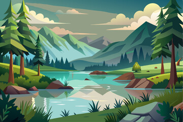 Mountain Lake with Tall Pines and Cloudy Sky