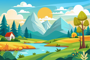 A Scenic Mountain Landscape with a River, a Cabin, and a Bright Sun