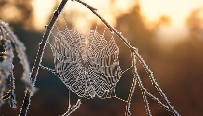 Frost-covered spider web with sparkling ice crystals, realistic and high-detail close-up image