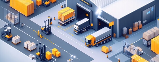 An isometric design of a warehouse with interactive IoT interfaces showing the optimized paths of forklifts and trucks, highlighting the integration of technology and logistics