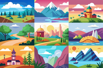 Nine Colorful Landscapes with Mountains, Water, and Buildings