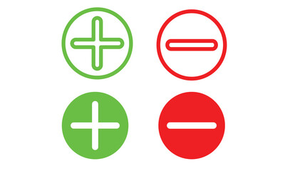 set of plus and minus symbols in circular and square shapes, positive and negative signs, vector black and white icons, geometric symbols for math, web, and UI design elements