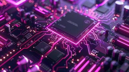 Obraz premium Circuit board microchips with pink and purple backlight. Nanotechnology sustainable background.