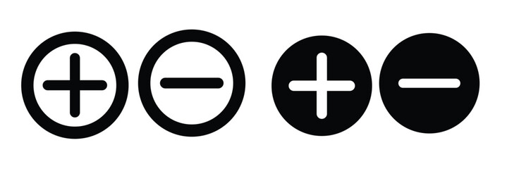 Round plus and minus icons set with different thicknesses. Vector.
