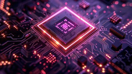 Obraz premium Circuit board microchips with pink and purple backlight. Nanotechnology sustainable background.