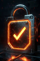 A metallic lock with a glowing checkmark in the center, representing successful protection. 