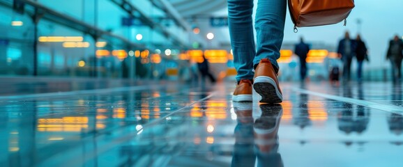 People Walking With Their Reflections Visible In The Shiny Airport Corridor Floor