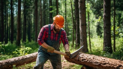 Woodcutter with axe or chainsaw in the summer forest