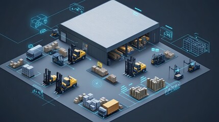 An isometric depiction of a warehouse highlighting the synergy between IoT devices and forklifts, with trucks navigating optimized routes for enhanced productivity