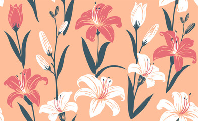 Daylily flowers color seamless patterns hand drawn style for fabric, textiles, clothing, wrapping paper, packaging tape, abstract backgrounds.