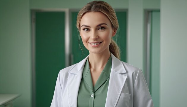 A healthcare professional poses indoors. Captured during daytime, highlights professionalism in healthcare.