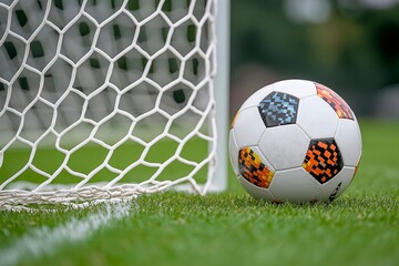 Soccer ball near goal post on a grassy field during a sunny day, copy space for text