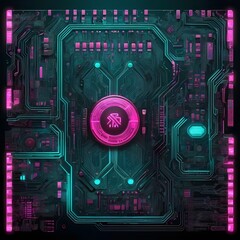 Cyberpunk Futuristic Circuit Board: Glowing Pink and Turquoise Tech Glyphs on Dark Metallic Surface, Ultra-Detailed Abstract