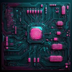 Fototapeta premium Cyberpunk Futuristic Circuit Board: Glowing Pink and Turquoise Tech Glyphs on Dark Metallic Surface, Ultra-Detailed Abstract