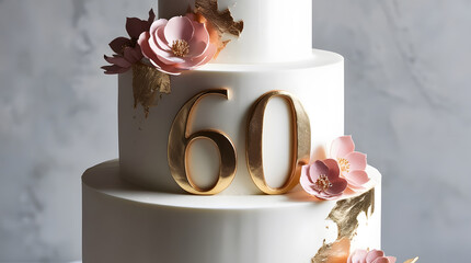 Elegant 60th Birthday Cake with Gold Accents and Delicate Pink Floral Decorations