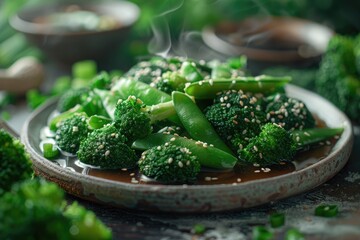 A vibrant plate of steamed broccoli and green vegetables topped with sesame seeds.