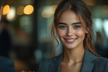 Obraz premium Confident young businesswoman smiling in a close-up portrait at the office