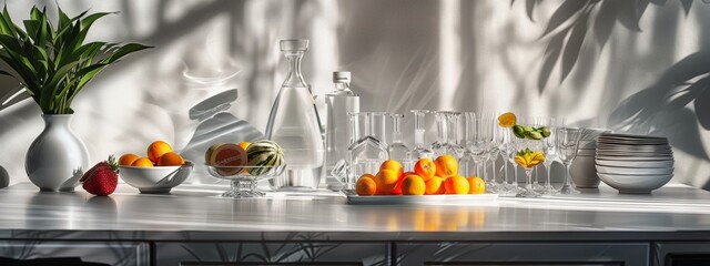 Elegant table setting with fresh fruits and glassware in natural light