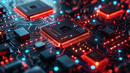 Obraz premium Circuit board microchips with red backlight. Nanotechnology sustainable background.