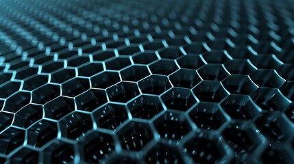Naklejka premium Close-up view of a hexagonal pattern with a futuristic and textured look, showcasing depth and a vibrant blue hue.
