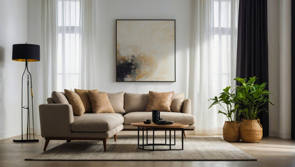 Inside, the living room is neat and bright with plush chairs.AI generated