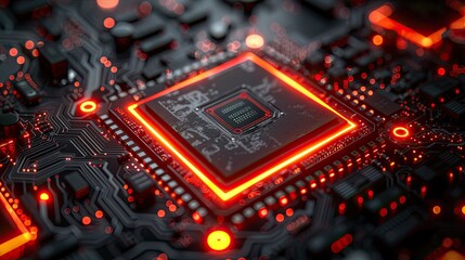Circuit board microchips with red backlight. Nanotechnology sustainable background.