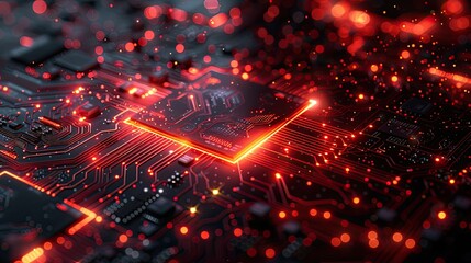 Obraz premium Circuit board microchips with red backlight. Nanotechnology sustainable background.