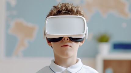 A young boy experiences virtual reality with a VR headset, immersed in a digital world at home or in a classroom setting.