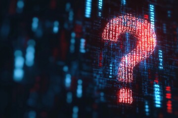 A question mark icon made of binary code, representing a cybersecurity query or challenge.