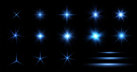 Blue Glow lighting Star. Collection of different light effects on black background. Set of Transparent Sparkling stars. Realistic vector illustration © Maryna Stryzhak