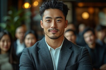 Obraz premium Young Asian entrepreneur giving a presentation in a modern office with diverse audience in the background