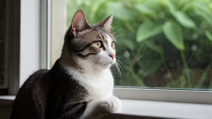 thoughtful gray cat by the window