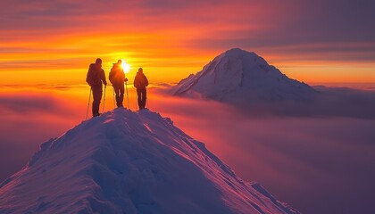 Fototapeta premium Hikers on Mountain Peak at Sunrise