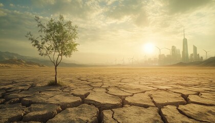 Lonely Tree in a Cracked Desert Landscape