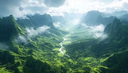 Obraz premium Lush Green Valley with River and Fog