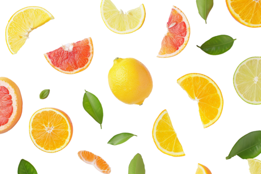 Various Citrus fruits lemon, limes with slices and green leaves from flat lay isolated on background, tropical healthy organic food.