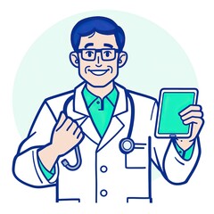 A doctor holding medical records and talking in a simple line drawing illustration