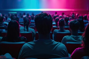 Spectators seated in a theater with dark purple lighting watching a live event