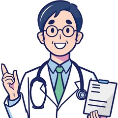 Fototapeta premium A doctor holding medical records and talking in a simple line drawing illustration