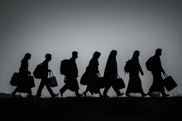 A group of people walking down a path with backpacks and handbags. The image has a somber mood, as the people are walking in a line and appear to be carrying heavy loads